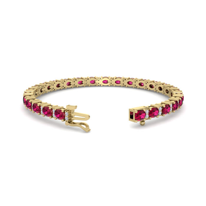 Ruby Bracelet; Ruby Tennis Bracelet; 7 Carat Oval Shape Ruby and Diamond Bracelet In 14 Karat Yellow Gold