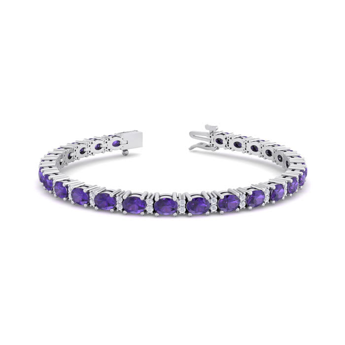 5 3/4 Carat Oval Shape Amethyst and Diamond Bracelet In 14 Karat White Gold, 7 Inches
