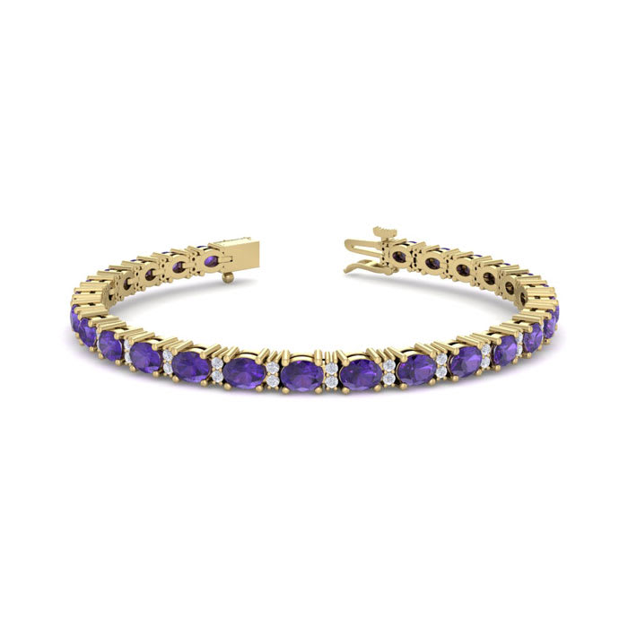 5 3/4 Carat Oval Shape Amethyst and Diamond Bracelet In 14 Karat Yellow Gold, 7 Inches