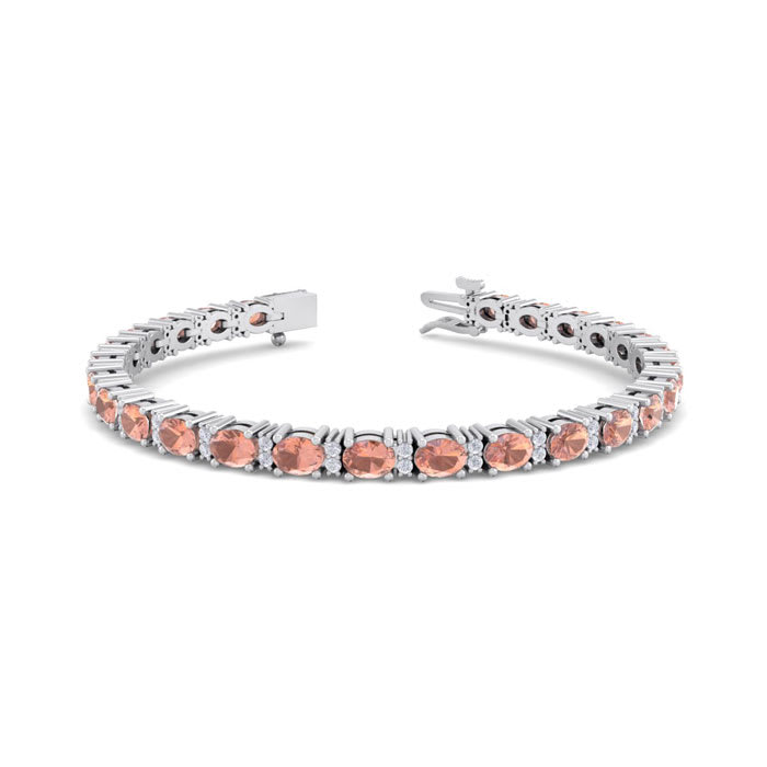 5 Carat Oval Shape Morganite Bracelet With Diamonds In 14 Karat White Gold, 7 Inches