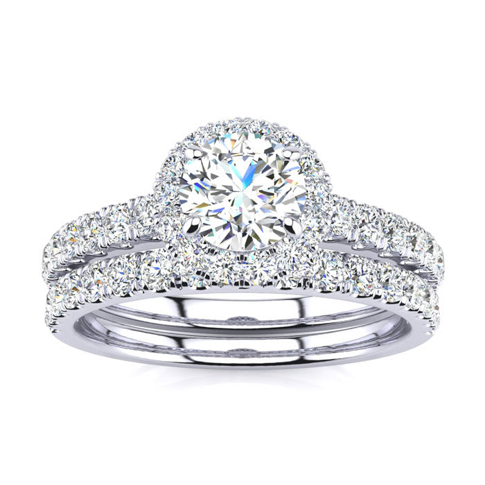 Moissanite Engagement Ring; 1/2 Carat Round Moissanite Halo Bridal Set In 14 Karat White Gold