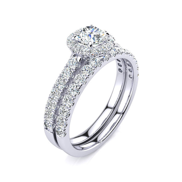 Moissanite Engagement Ring; 1/2 Carat Round Moissanite Halo Bridal Set In 14 Karat White Gold