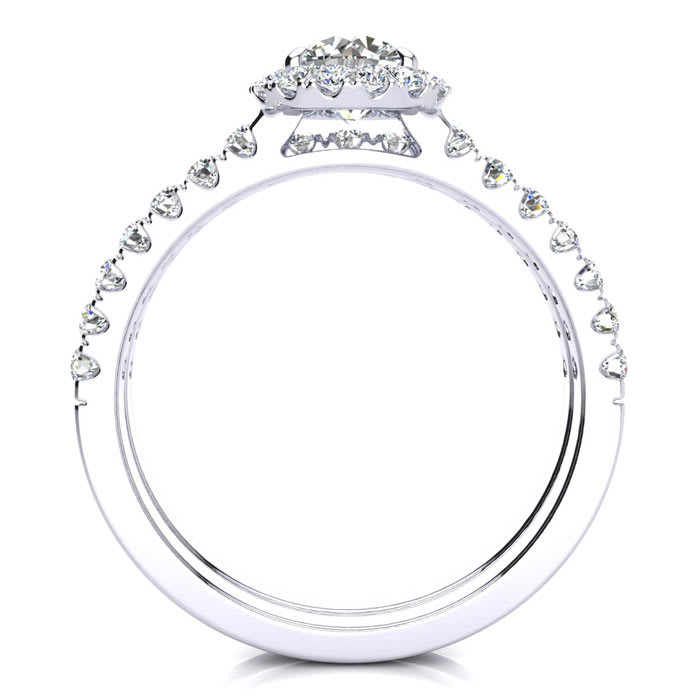 Moissanite Engagement Ring; 1/2 Carat Round Moissanite Halo Bridal Set In 14 Karat White Gold