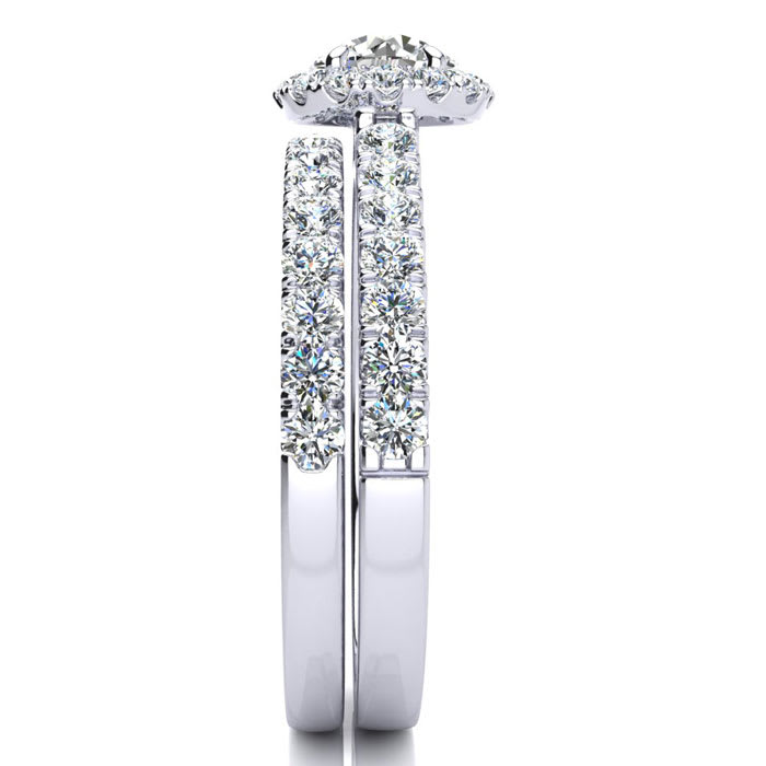 Moissanite Engagement Ring; 1/2 Carat Round Moissanite Halo Bridal Set In 14 Karat White Gold