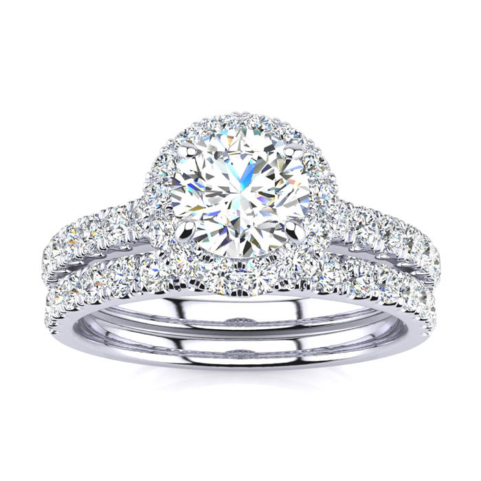 Moissanite Engagement Ring; 1 1/2 Carat Round Moissanite Halo Bridal Set In 14 Karat White Gold