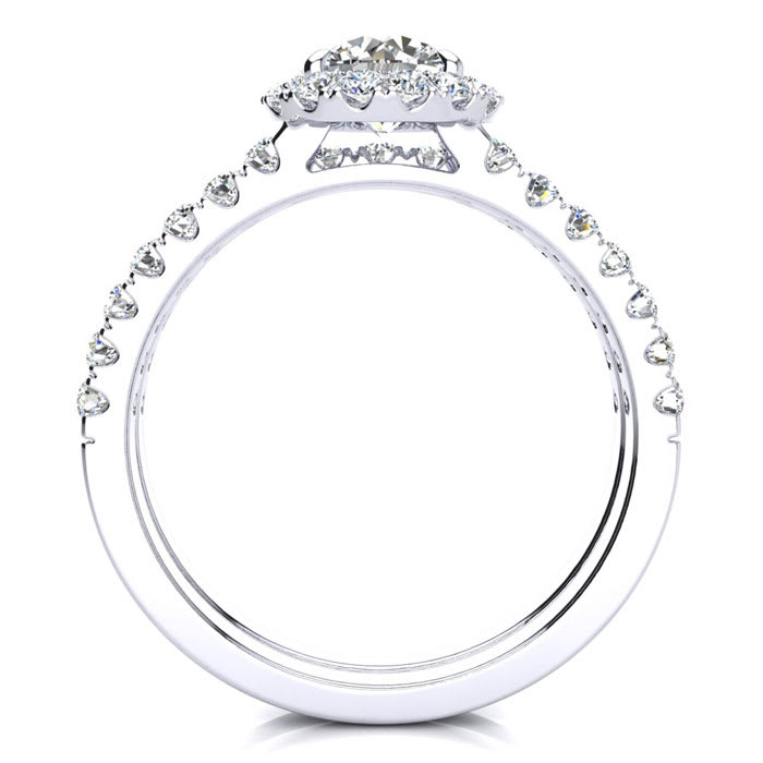 Moissanite Engagement Ring; 1 1/2 Carat Round Moissanite Halo Bridal Set In 14 Karat White Gold
