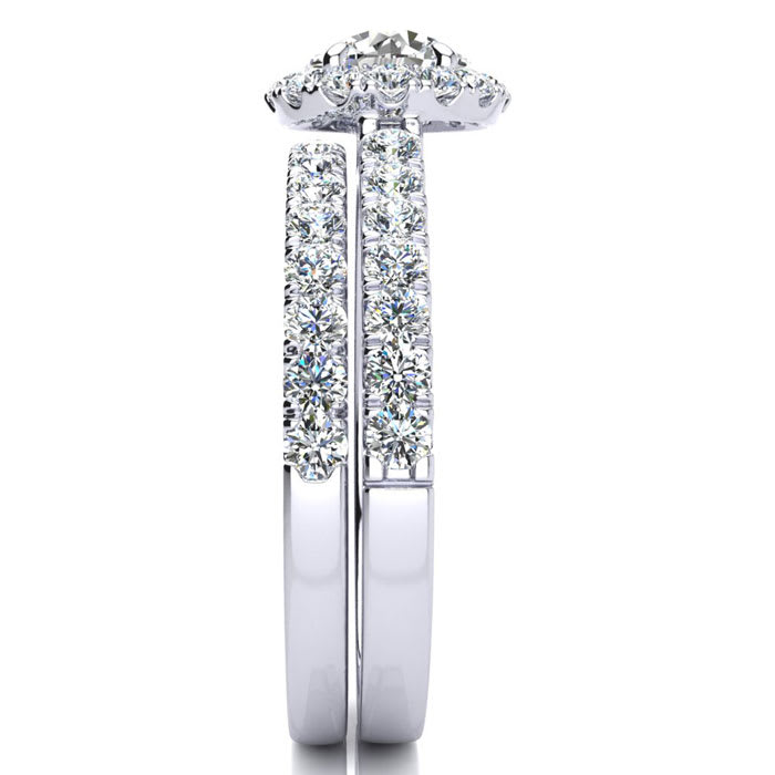 Moissanite Engagement Ring; 1 1/2 Carat Round Moissanite Halo Bridal Set In 14 Karat White Gold