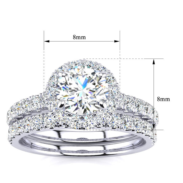 Moissanite Engagement Ring; 1 1/2 Carat Round Moissanite Halo Bridal Set In 14 Karat White Gold