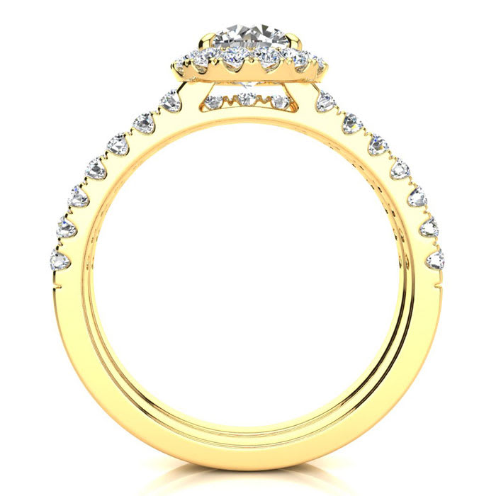 Moissanite Engagement Ring; 1 1/2 Carat Round Moissanite Halo Bridal Set In 14 Karat Yellow Gold