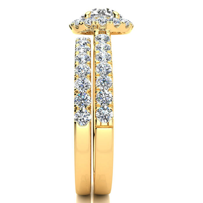 Moissanite Engagement Ring; 1 1/2 Carat Round Moissanite Halo Bridal Set In 14 Karat Yellow Gold