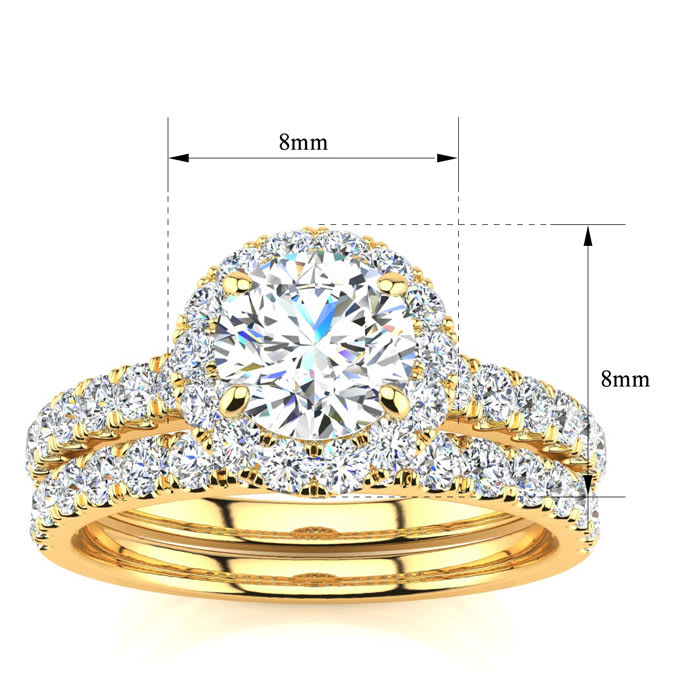 Moissanite Engagement Ring; 1 1/2 Carat Round Moissanite Halo Bridal Set In 14 Karat Yellow Gold
