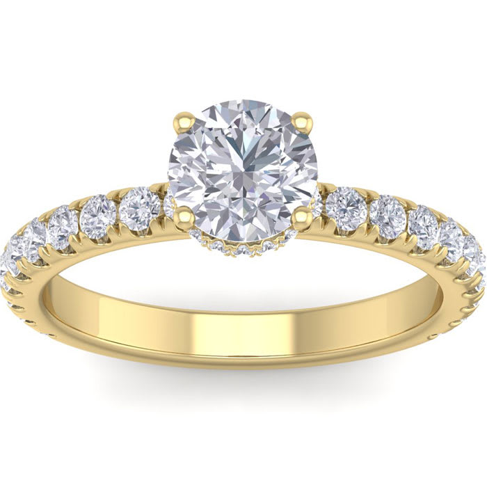Moissanite Engagement Ring; 1 1/2 Carat Round Shape Hidden Halo Moissanite Engagement Ring In 14 Karat Yellow Gold
