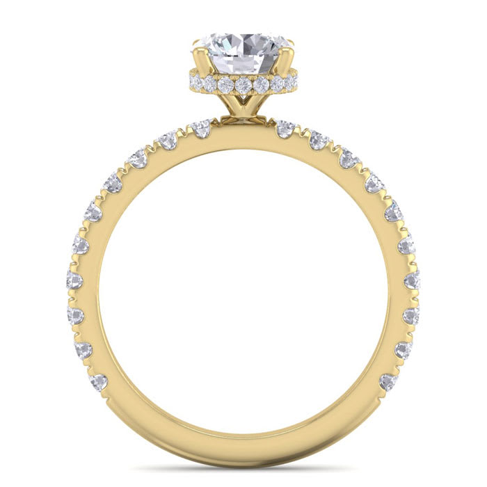 Moissanite Engagement Ring; 1 1/2 Carat Round Shape Hidden Halo Moissanite Engagement Ring In 14 Karat Yellow Gold