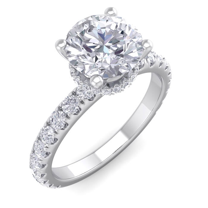 Moissanite Engagement Ring; 2 Carat Round Shape Hidden Halo Moissanite Engagement Ring In 14 Karat White Gold