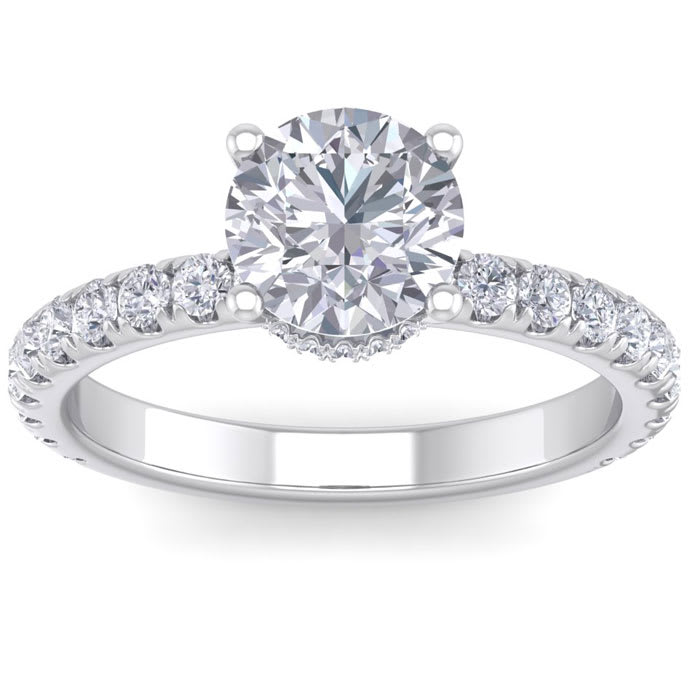 Moissanite Engagement Ring; 2 Carat Round Shape Hidden Halo Moissanite Engagement Ring In 14 Karat White Gold