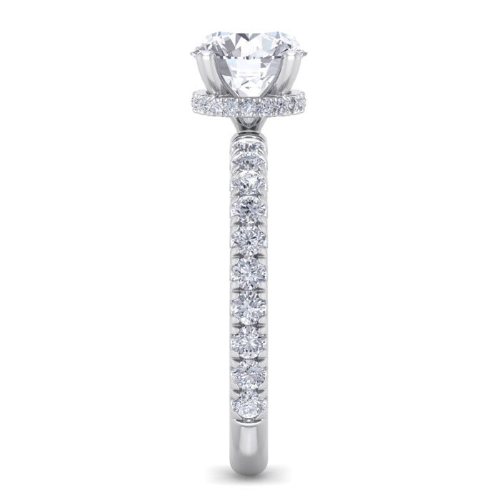 Moissanite Engagement Ring; 2 Carat Round Shape Hidden Halo Moissanite Engagement Ring In 14 Karat White Gold