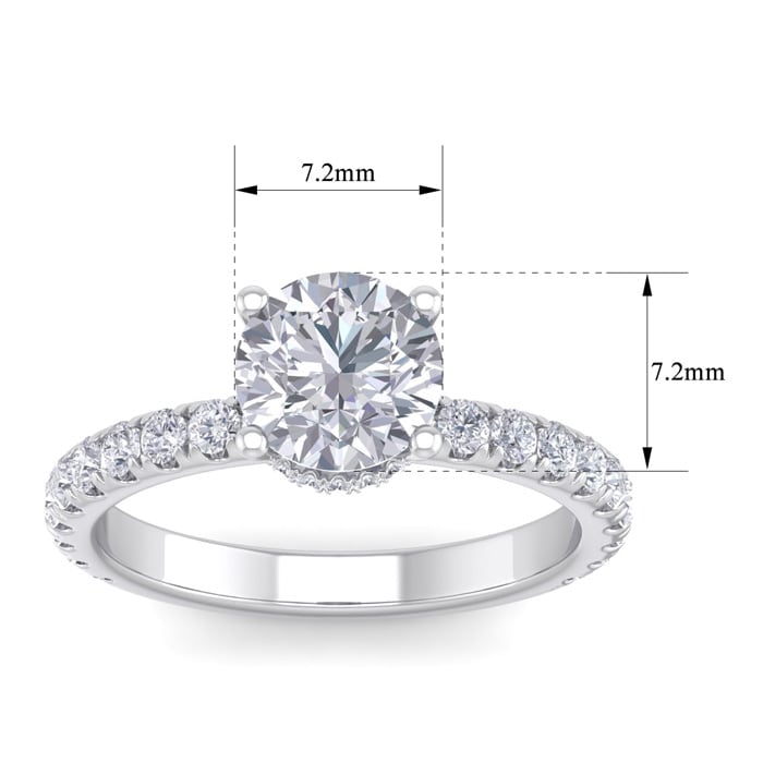Moissanite Engagement Ring; 2 Carat Round Shape Hidden Halo Moissanite Engagement Ring In 14 Karat White Gold
