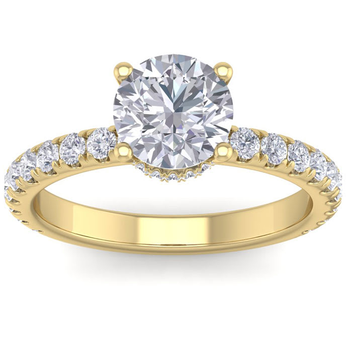 Moissanite Engagement Ring; 2 Carat Round Shape Hidden Halo Moissanite Engagement Ring In 14 Karat Yellow Gold