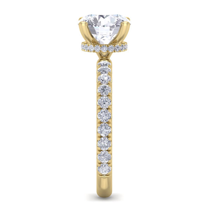 Moissanite Engagement Ring; 2 1/2 Carat Round Shape Hidden Halo Moissanite Engagement Ring In 14 Karat Yellow Gold