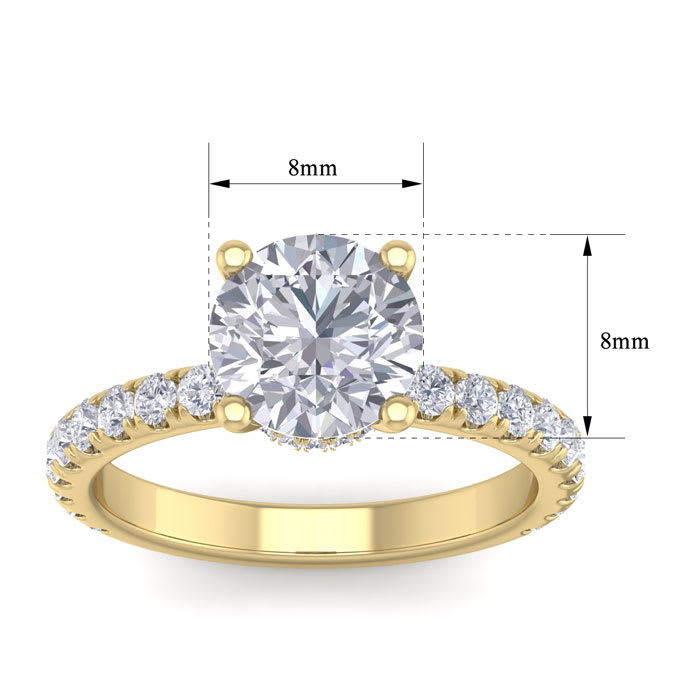 Moissanite Engagement Ring; 2 1/2 Carat Round Shape Hidden Halo Moissanite Engagement Ring In 14 Karat Yellow Gold