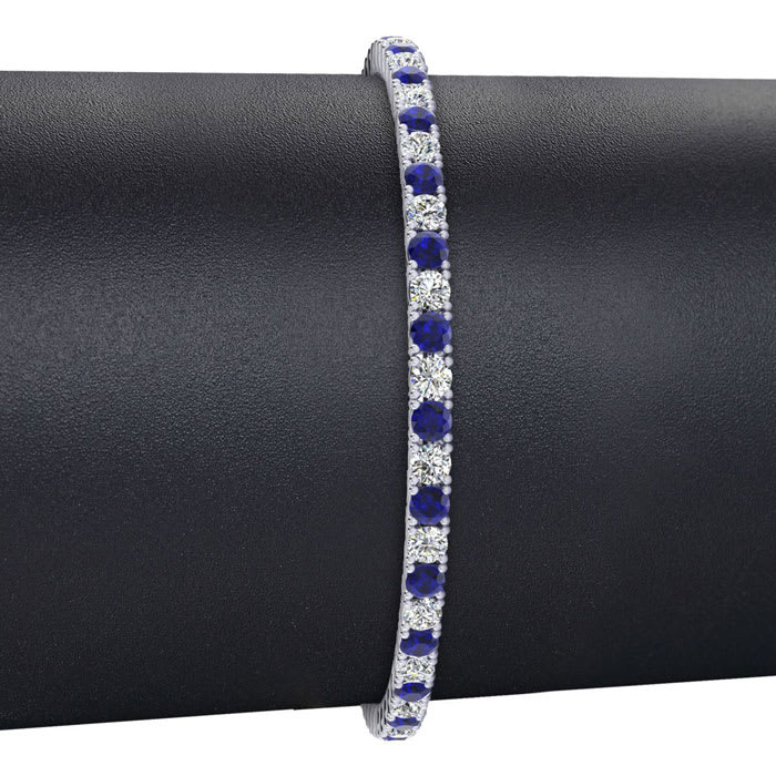 4 1/3 Carat Sapphire And Diamond Mens Tennis Bracelet In 14 Karat White Gold, 9 Inches