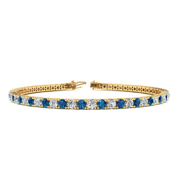 3 1/2 Carat Blue And White Diamond Mens Tennis Bracelet In 14 Karat Yellow Gold, 9 Inches