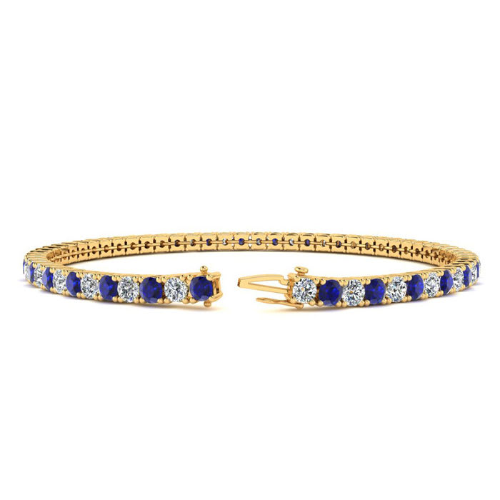 3 1/2 Carat Sapphire And Diamond Mens Tennis Bracelet In 14 Karat Yellow Gold, 7 1/2 Inches