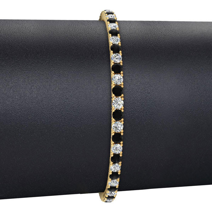 4 3/4 Carat Mens Black Diamond Tennis Bracelet, White Diamond, In 14 Karat Yellow Gold, 8 1/2 Inches