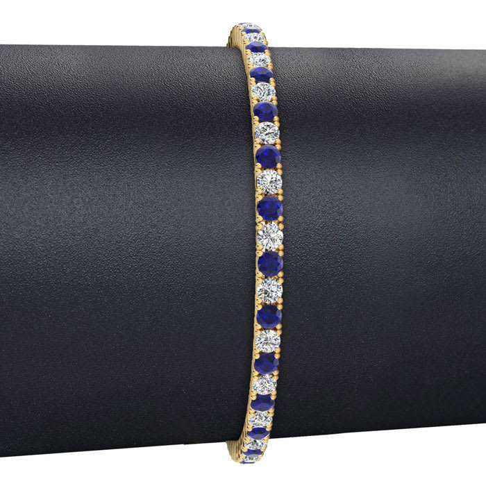 6 Carat Sapphire And Diamond Mens Tennis Bracelet In 14 Karat Yellow Gold, 9 Inches