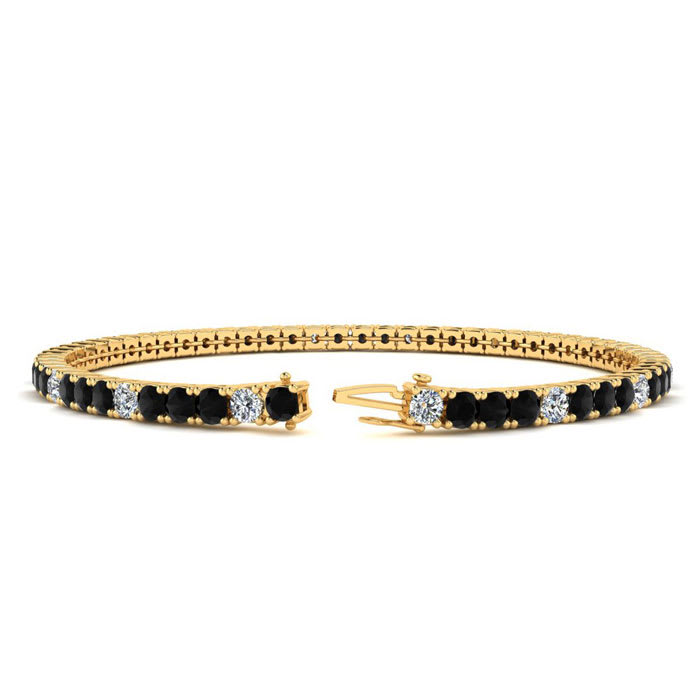 4 3/4 Carat Mens Black Diamond Tennis Bracelet, White Diamond, In 14 Karat Yellow Gold, 8 1/2 Inches