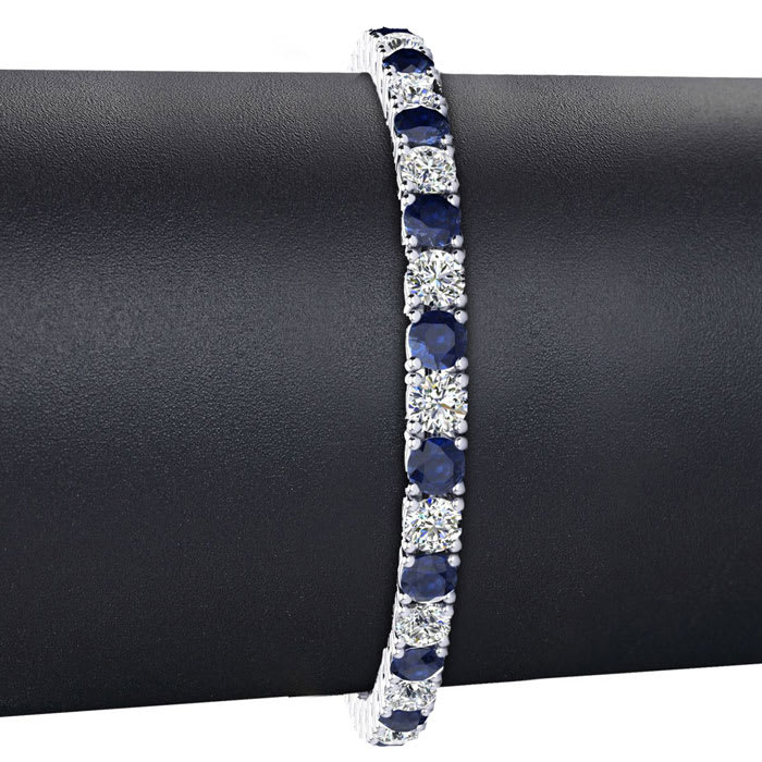 14 Carat Sapphire and Diamond Mens Tennis Bracelet In 14 Karat White Gold, 9 Inches