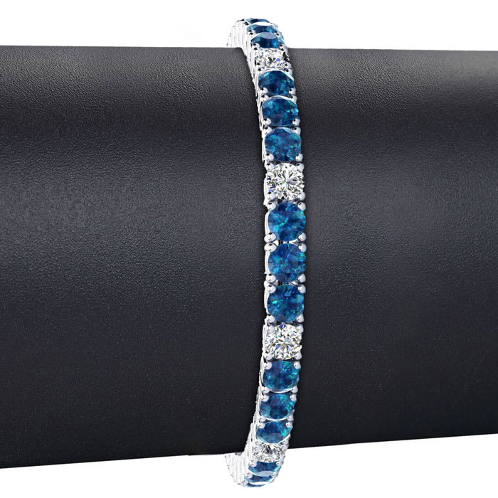 9 3/4 Carat Blue and White Diamond Alternating Mens Tennis Bracelet In 14 Karat White Gold, 7 1/2 Inches
