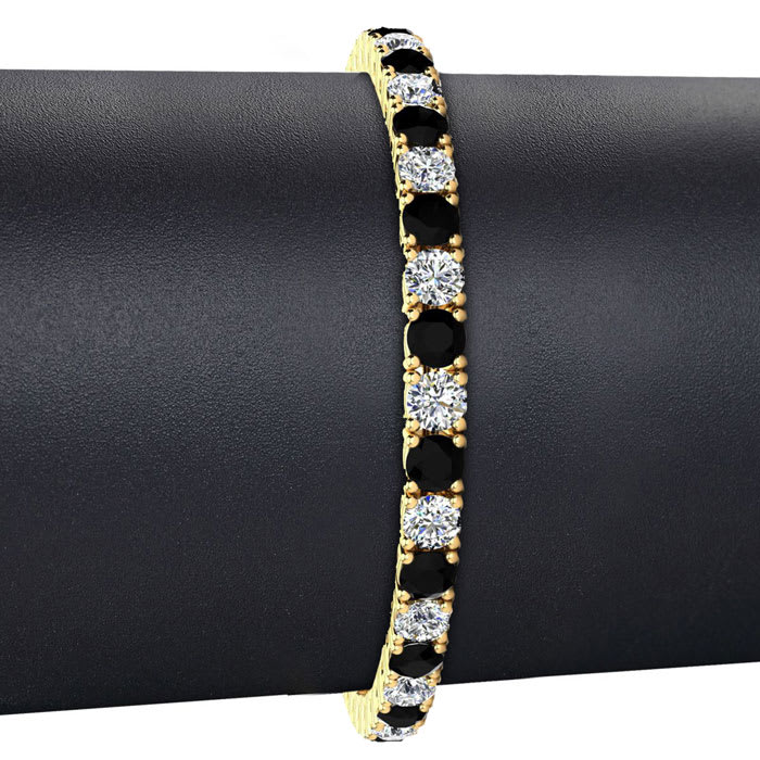 9 3/4 Carat Mens Black Diamond Tennis Bracelet, White Diamond, In 14 Karat Yellow Gold, 7 1/2 Inches