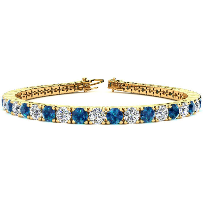 11 1/5 Carat Blue and White Diamond Mens Tennis Bracelet In 14 Karat Yellow Gold, 8 1/2 Inches