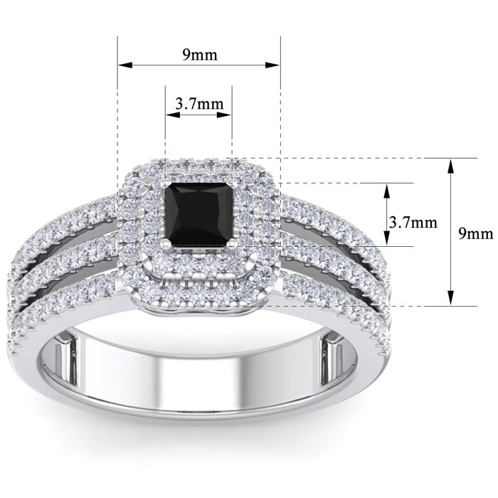 1 Carat Princess Shape Double Halo Black and White Diamond Engagement Ring In 14 Karat White Gold