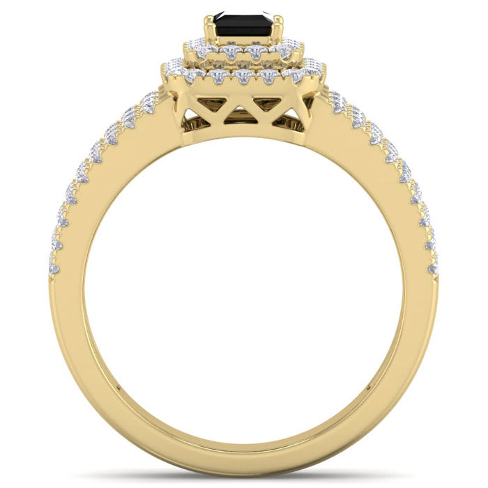 1 Carat Princess Shape Double Halo Black and White Diamond Engagement Ring In 14 Karat Yellow Gold