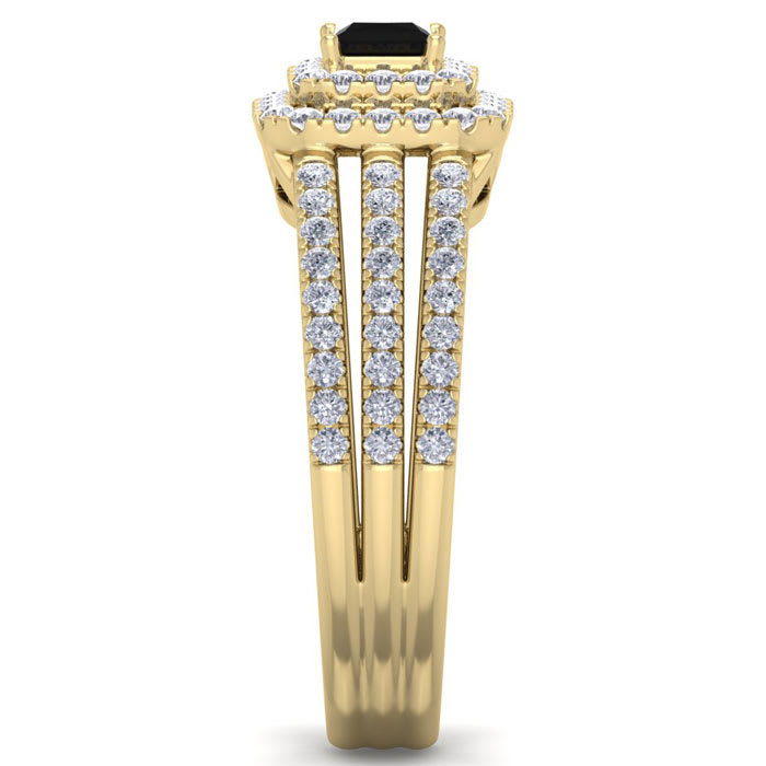 1 Carat Princess Shape Double Halo Black and White Diamond Engagement Ring In 14 Karat Yellow Gold