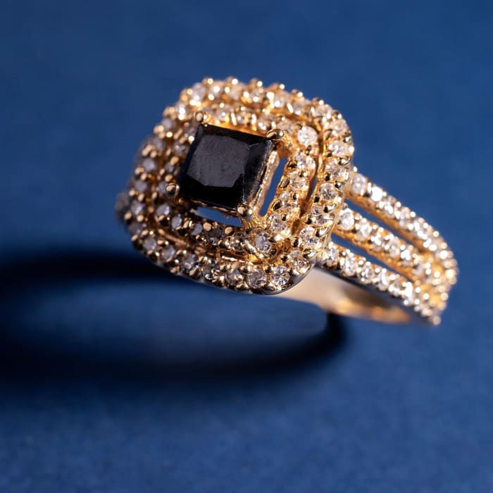 1 Carat Princess Shape Double Halo Black and White Diamond Engagement Ring In 14 Karat Yellow Gold