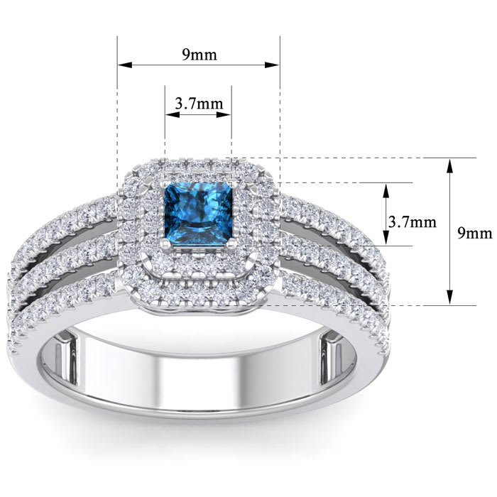 1 Carat Princess Shape Double Halo Blue and White Diamond Engagement Ring In 14 Karat White Gold