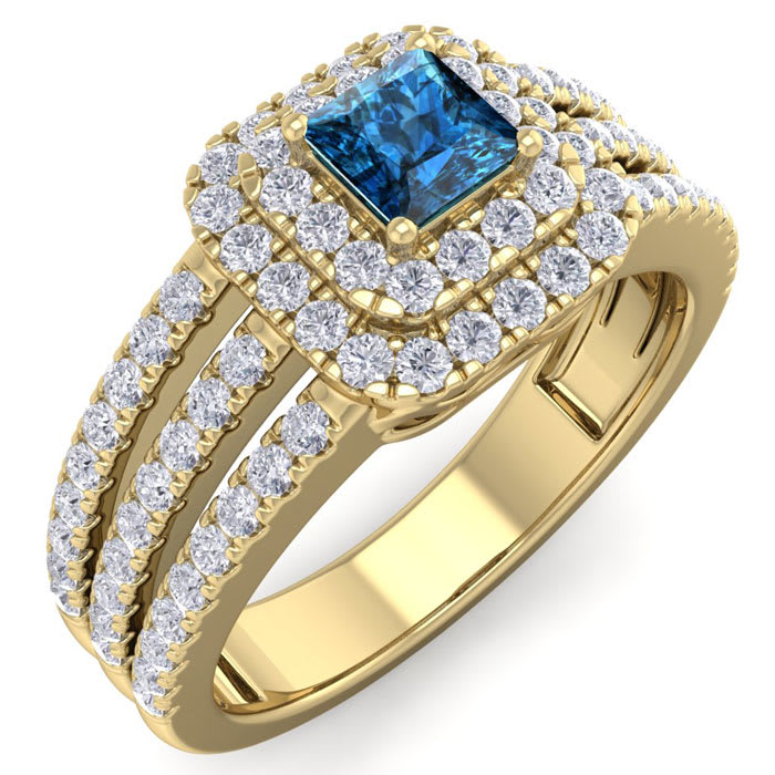 1 Carat Princess Shape Double Halo Blue and White Diamond Engagement Ring In 14 Karat Yellow Gold