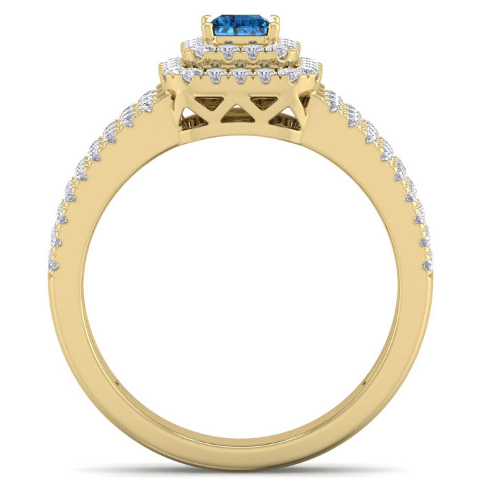1 Carat Princess Shape Double Halo Blue and White Diamond Engagement Ring In 14 Karat Yellow Gold