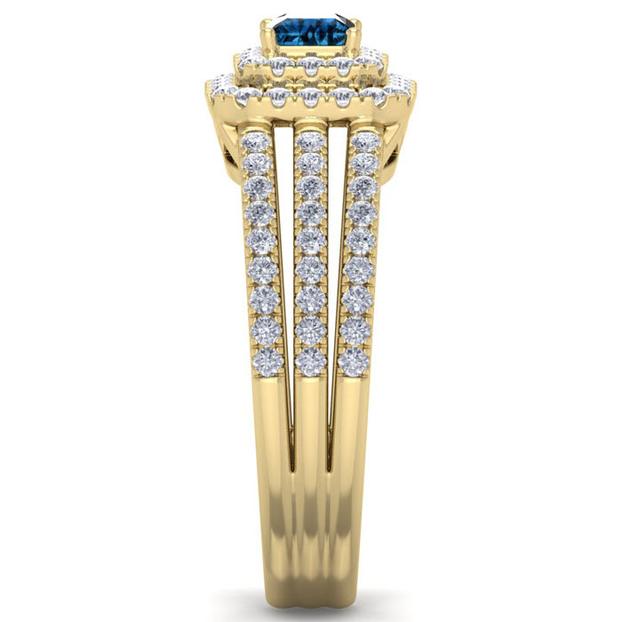 1 Carat Princess Shape Double Halo Blue and White Diamond Engagement Ring In 14 Karat Yellow Gold