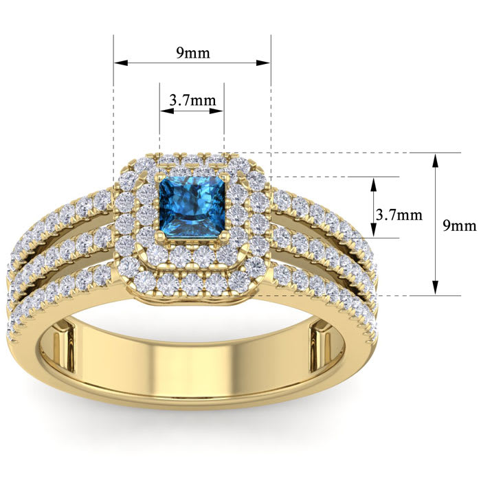 1 Carat Princess Shape Double Halo Blue and White Diamond Engagement Ring In 14 Karat Yellow Gold