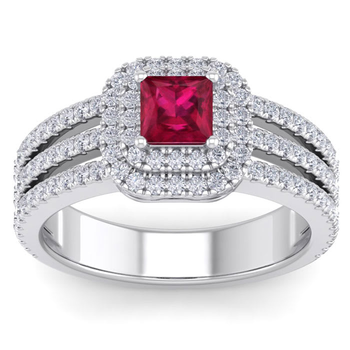 1 1/2 Carat Princess Shape Double Halo Ruby and Diamond Engagement Ring In 14 Karat White Gold