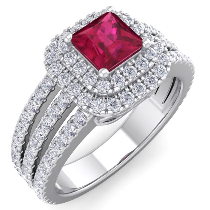 1 1/2 Carat Princess Shape Double Halo Ruby and Diamond Engagement Ring In 14 Karat White Gold