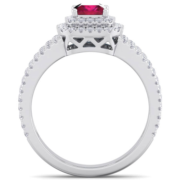 1 1/2 Carat Princess Shape Double Halo Ruby and Diamond Engagement Ring In 14 Karat White Gold
