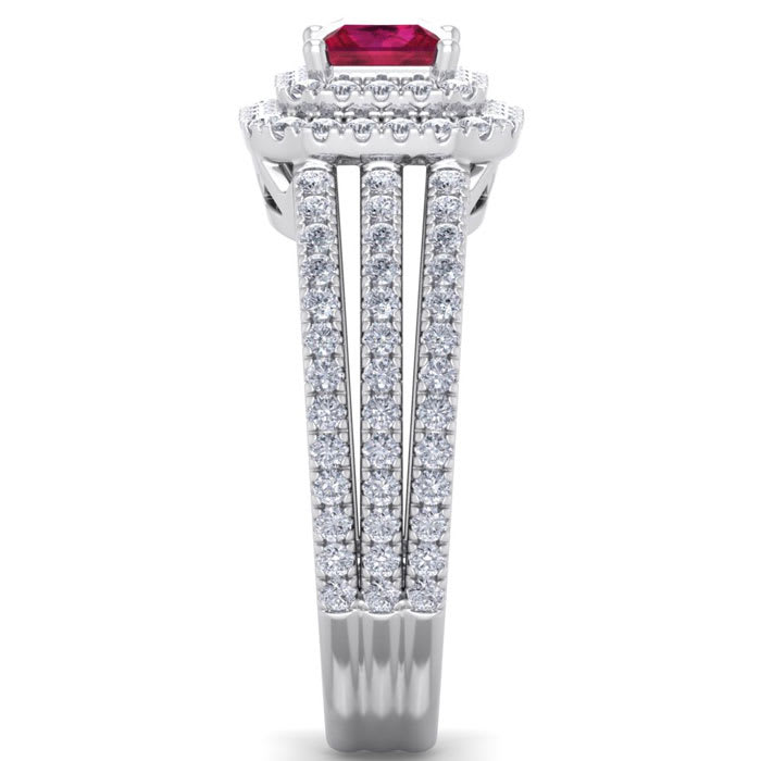 1 1/2 Carat Princess Shape Double Halo Ruby and Diamond Engagement Ring In 14 Karat White Gold