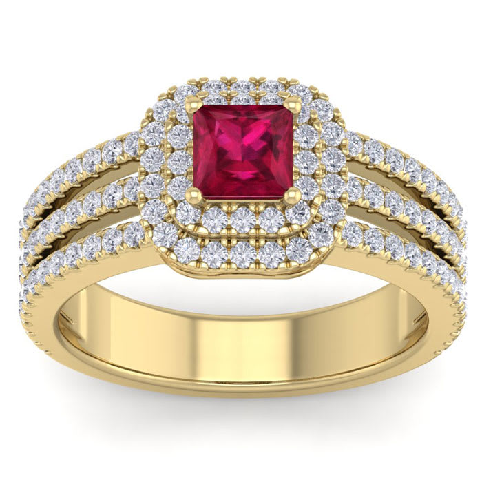 1 1/2 Carat Princess Shape Double Halo Ruby and Diamond Engagement Ring In 14 Karat Yellow Gold