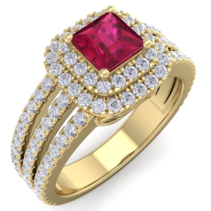 1 1/2 Carat Princess Shape Double Halo Ruby and Diamond Engagement Ring In 14 Karat Yellow Gold