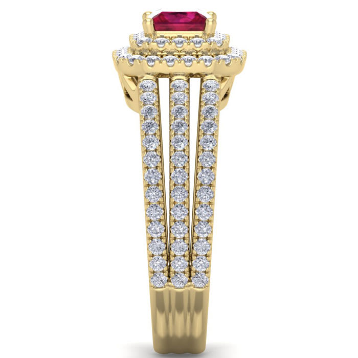 1 1/2 Carat Princess Shape Double Halo Ruby and Diamond Engagement Ring In 14 Karat Yellow Gold